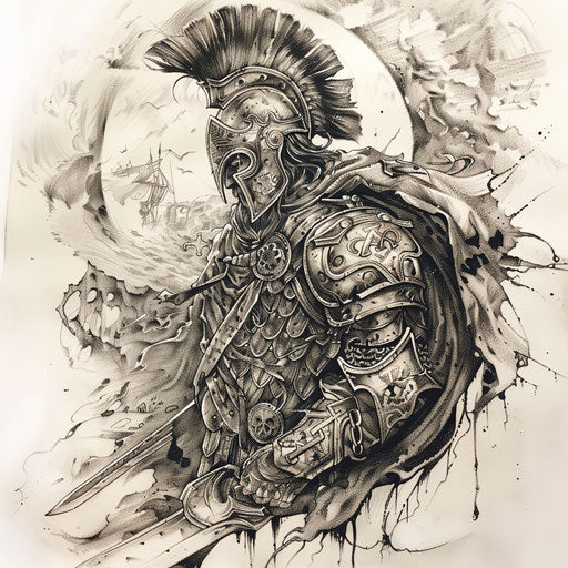 Historical warrior theme tattoo sketch of a reaper death seal