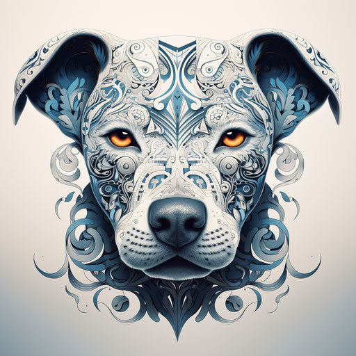 Tattooed dog with scrolling pattern, strong expression