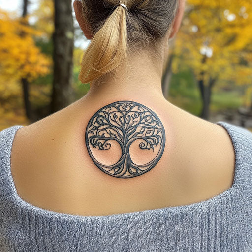 Daughter tattooed with a tree of life symbol on shoulder blade