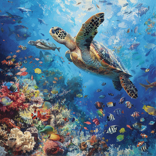 Sea turtle swimming among colorful tropical fish