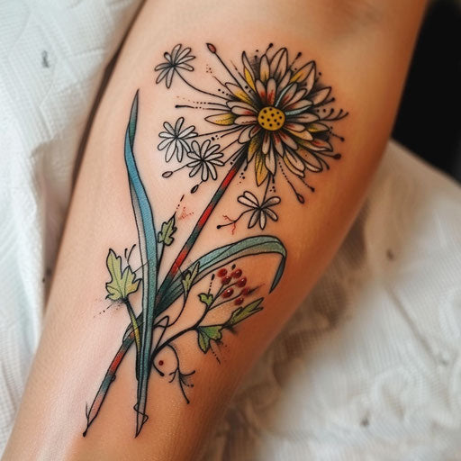 Neo-traditional dandelion tattoo, bold lines and vivid colors