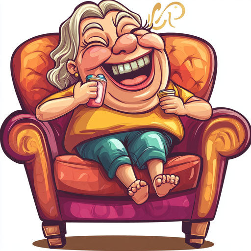Humorous caricature of a perfume clipart with human characteristics, exaggerated rosy cheeks, expressive hands, sitting on a couch, vibrant colors, cartoon style, laughing, high-resolution, no background, isolated