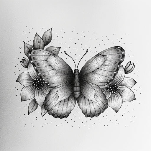 Dotwork butterfly with flowers on white background