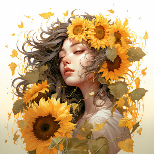 Sunflowers with leaves in detailed linear style