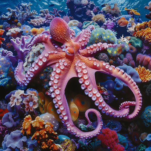 An octopus gliding gracefully through a vibrant coral reef, its tentacles flowing like silk.