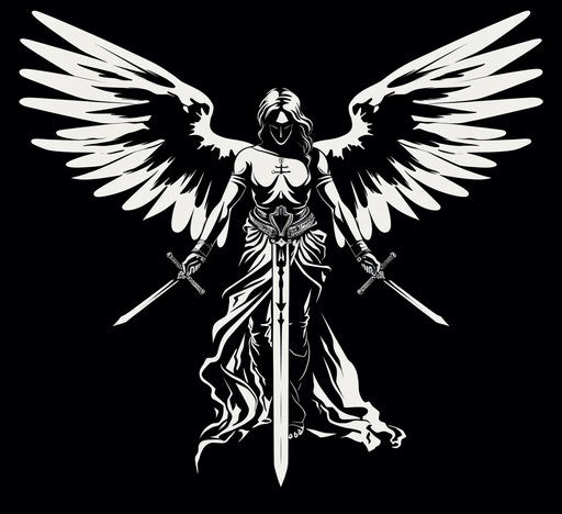 Angel with swords, bold outlines, flat colors, superhero style