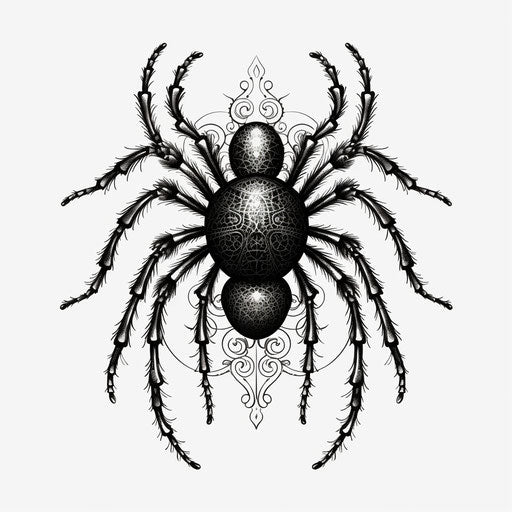 Black and white drawing of a spider, magnified ornamentation style, flat shading
