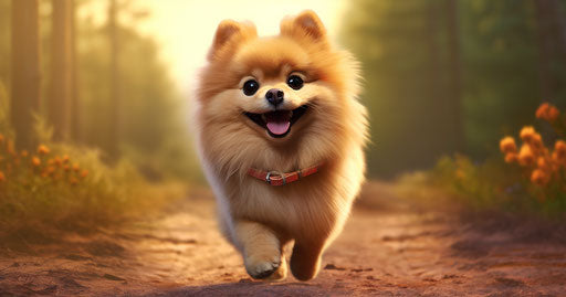 Small Pomeranian dog walking in the forest path