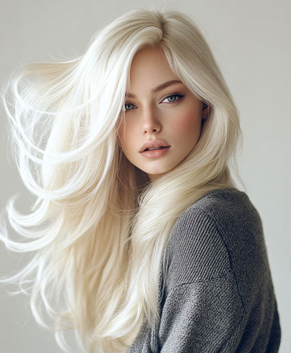 Elegant blonde woman with long, flowing waist-length waves