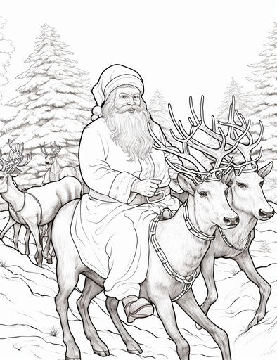 Santa Claus and his reindeer coloring page in black and aquamarine