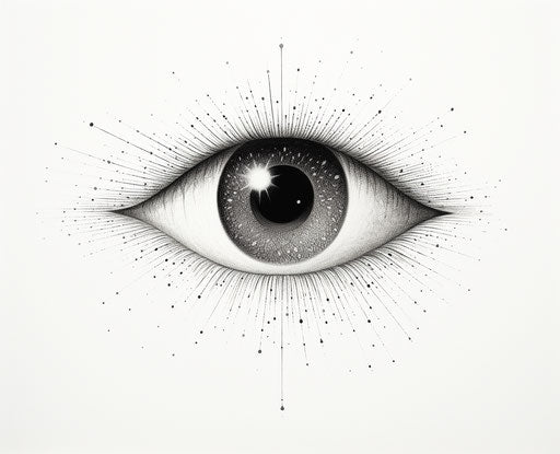 Black eye with rainbow beams on white background