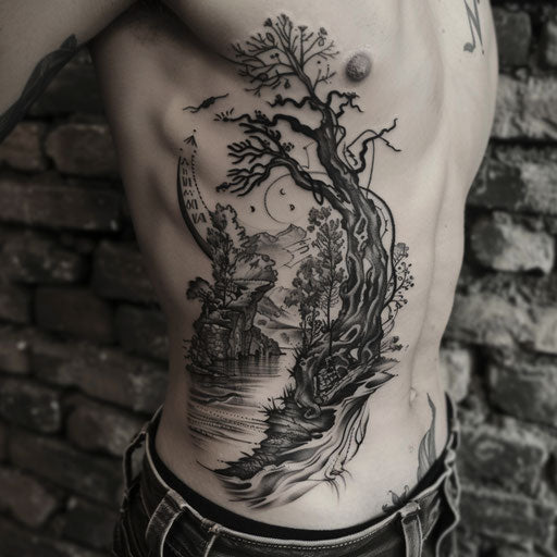 Rib tattoos of a surreal landscape