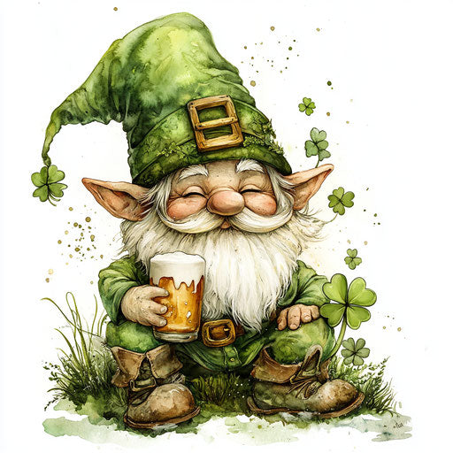 St. Patrick's Day, a cute gnome with a beer and a clover leaf, wearing a green hat, on a white background, detailed watercolor cartoon clip art, award-winning photography, clear and sharp focus, high-resolution digital illustration