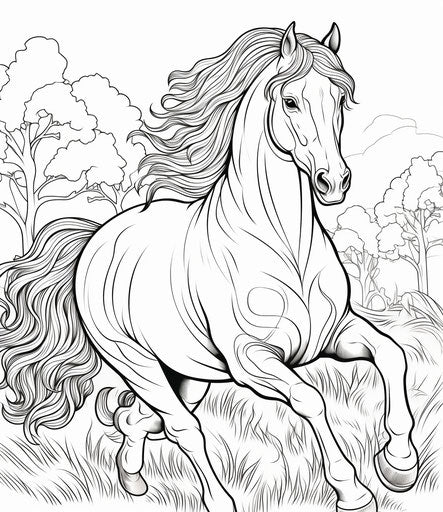 Horse jumping, colorful Moebius style coloring page, UHD image