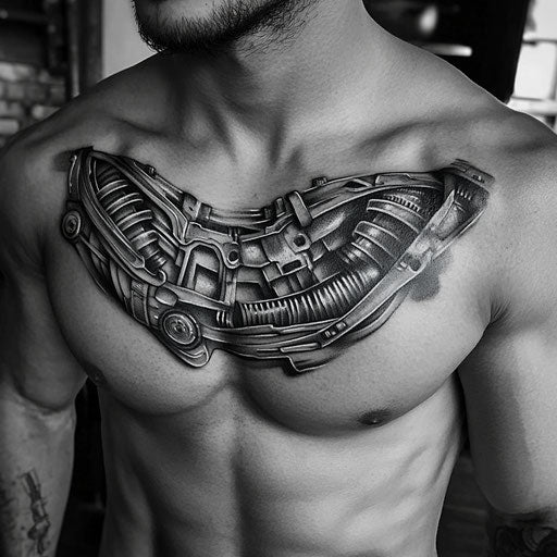Small chest tattoos for men with biomechanical designs, in the style of Guy Aitchison