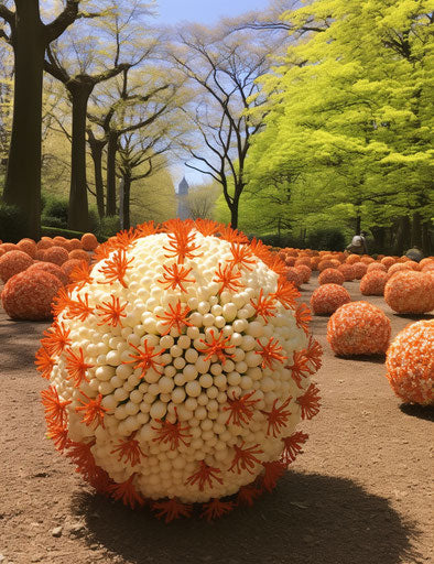The hyacinth ball in an arboretum, in dark orange and light beige style