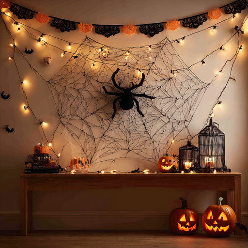 Halloween-themed room with spiderweb decorations