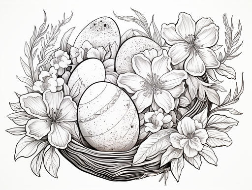 Easter coloring page with eggs and flowers, heavy inking