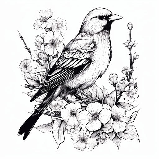 Black and white tattoo of a bird and flowers
