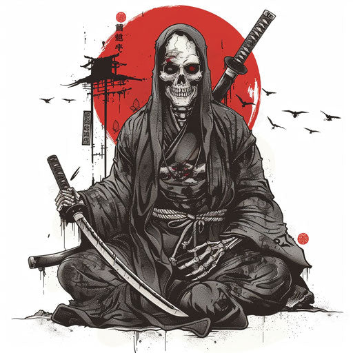 Classic flat tattoo sketch of a shinigami with traditional sword