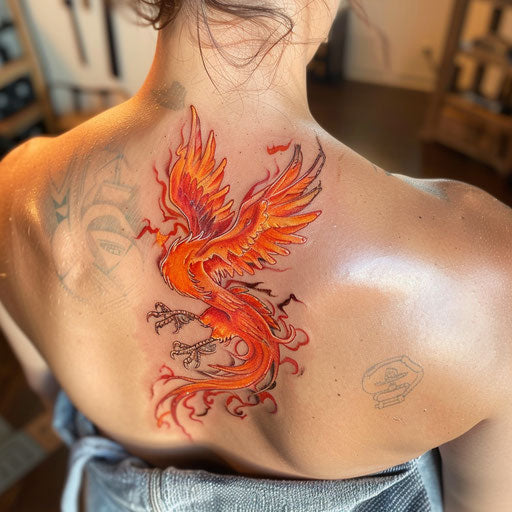 Mayan-inspired phoenix rising in orange and red flames on white canvas