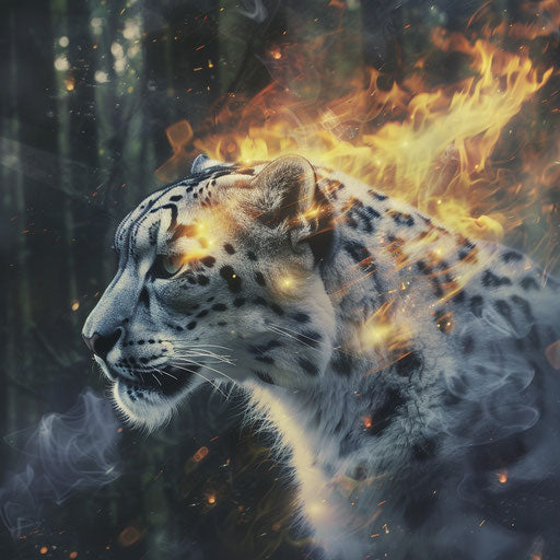Snow leopard surrounded by ethereal flames in a mystical forest