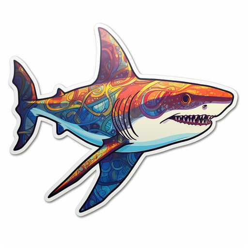 Colorful painted shark on white background, playfully ornate design