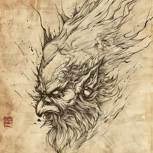 Tattoo sketch of a Tengu with organic lines and rustic feel