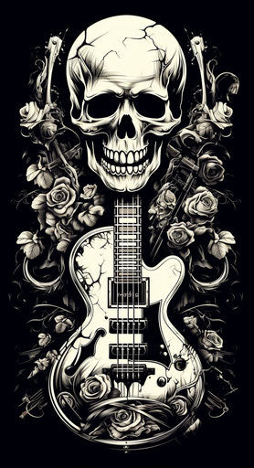 Skull and cross tattoo with guitar, militaristic realism style