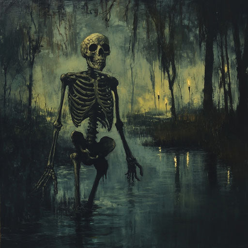 Ghostly skeleton in misty swamp