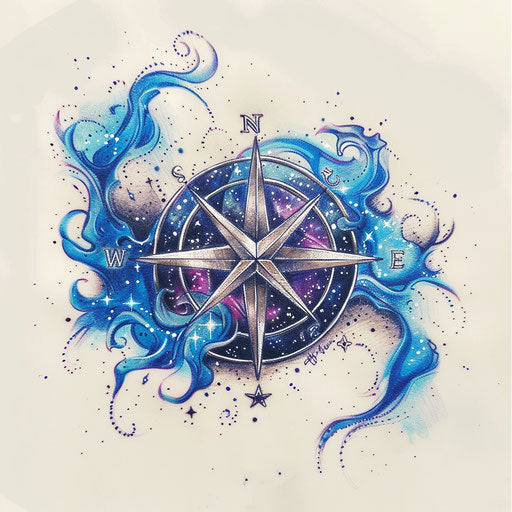Celestial tattoo sketch of a compass rose with star and nebula patterns