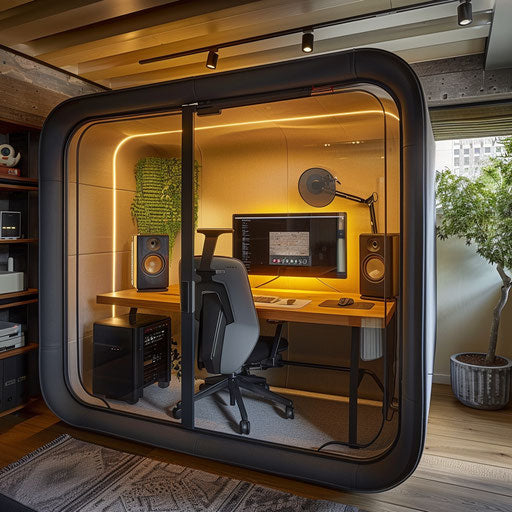 Home office with soundproof booth for video calls or music