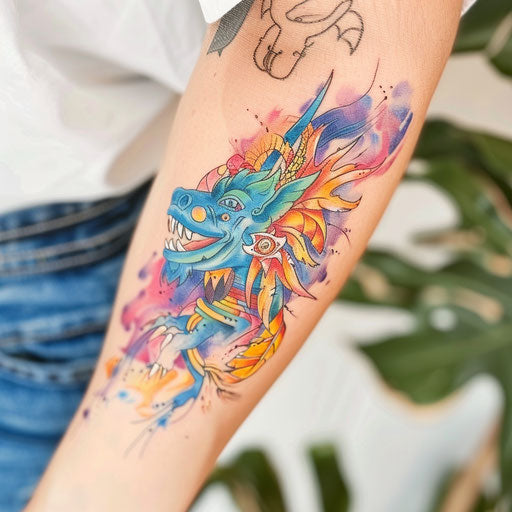 Ethereal Mayan spirit animal tattoo in soft pastels