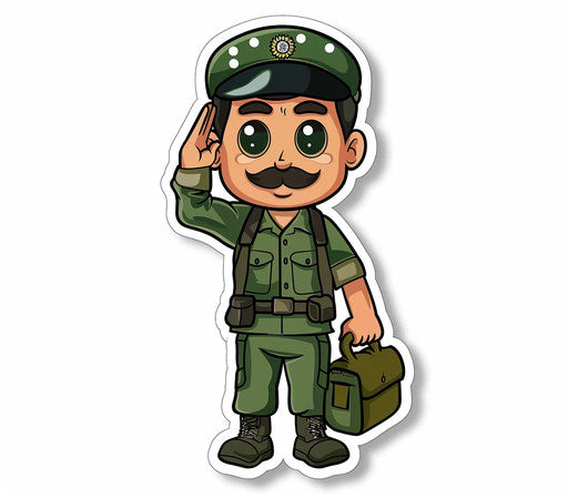 Cartoon sticker of an Indian army soldier saluting, wearing a green uniform and black cap with white dots