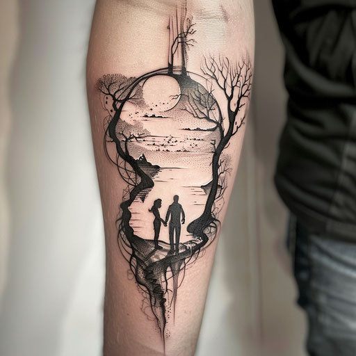 Couple tattoo depicting a surreal landscape with two figures meeting