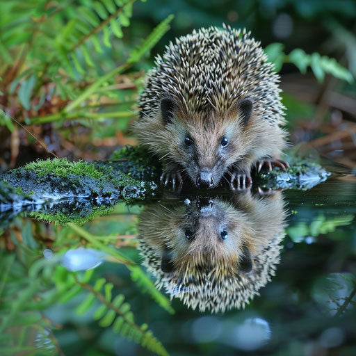 Hedgehog's reflection in a clear pond, moment of stillness in a busy woodland