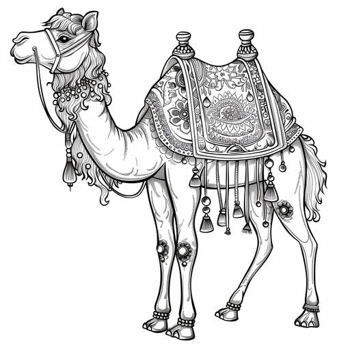 Smiling camel with decorated saddle