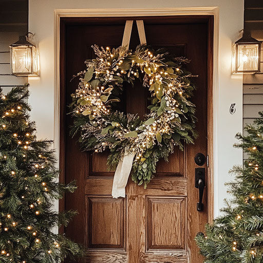 Wreath set in a garland, hanging on a door with soft greenery and lights