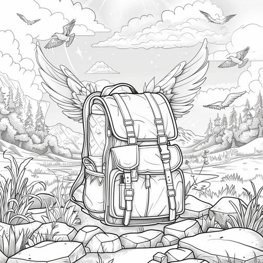 Whimsical backpack flying through a fantasy landscape