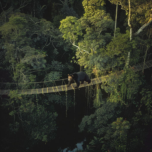 A sun bear crosses a hanging vine bridge between trees