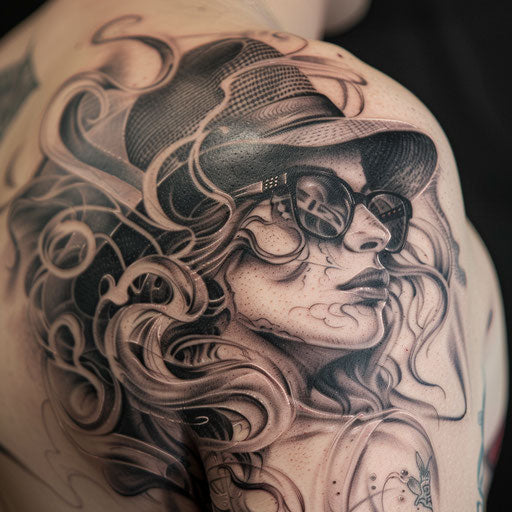 Stylized gangster tattoo with abstract smoke and mirror elements in black and grey, on a white canvas.