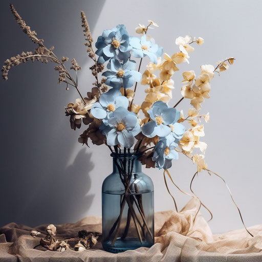Blue flowers in a water bottle, dark brown and light azure style