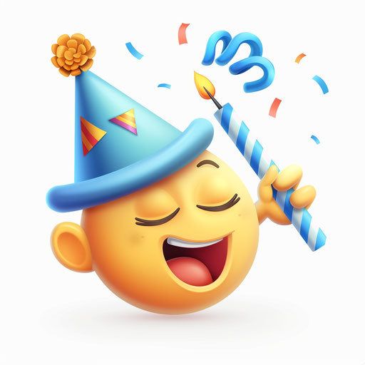 Yellow face blowing on party blower, wearing blue birthday hat