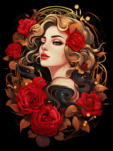 Golden woman in floral jewelry, retro art deco tattoo