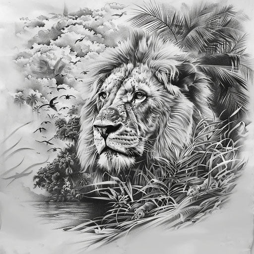 Sketch of realistic lion tattoo and jungle scenery, full sleeve for men