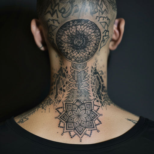 Neck tattoo with intricate geometric patterns
