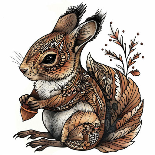 Flat tattoo sketch of a squirrel holding an acorn