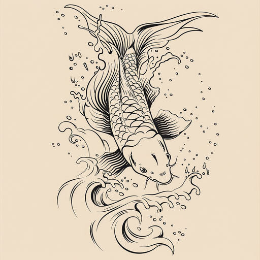 Sketch of a koi fish swimming upstream, with water splashes and waves, clipart style, flat black ink