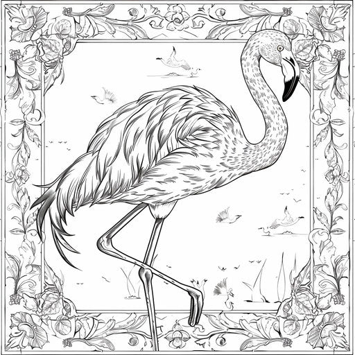 Flamingo with historical motifs in the style of Gennady Spirin Coloring book page