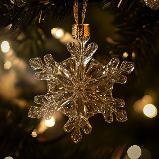 Delicate glass ornament shaped like a snowflake, glistening under the soft light of Christmas tree bulbs.